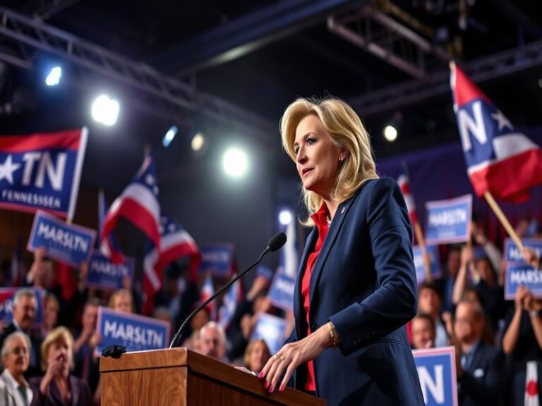 A portrait of Marsha Blackburn in a formal setting, showcasing her confident demeanor and professional attire, symbolizing he