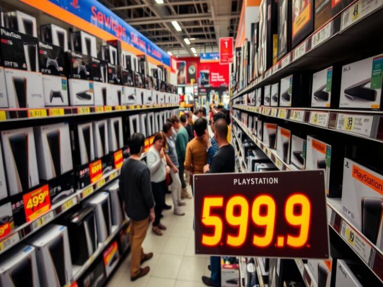 An image of a PlayStation 5 console displayed in a modern gaming setup, with controllers and a vibrant gaming environment.