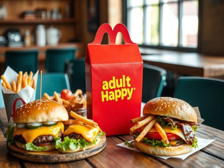 A close-up shot of an Adult Happy Meal box on a wooden table, featuring a premium burger, fries, and a cookie. The background