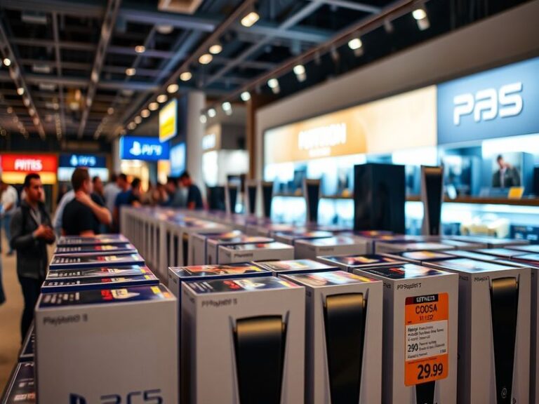 An image of a PlayStation 5 console displayed in a modern gaming setup, highlighting its sleek design and a vibrant gaming en