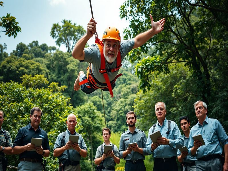 An image of a zipline adventure park with people enjoying their time, emphasizing fun and thrill, contrasting with the seriou