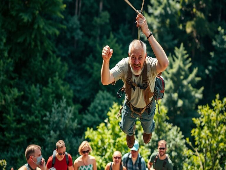 A dramatic illustration of a person mid-zipline escape from a second-story window, crashing into a hedge below, with police o