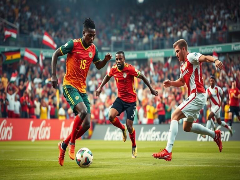 An action shot of Ghana and Austria players competing for the ball on the pitch, showcasing the intensity and passion of the