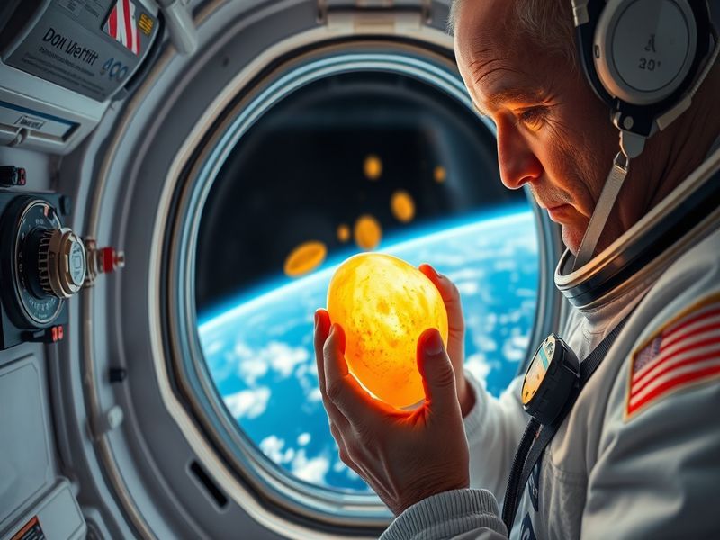 A NASA astronaut examining a potato plant in a growth chamber aboard the ISS, showcasing the experiment's setting and scienti