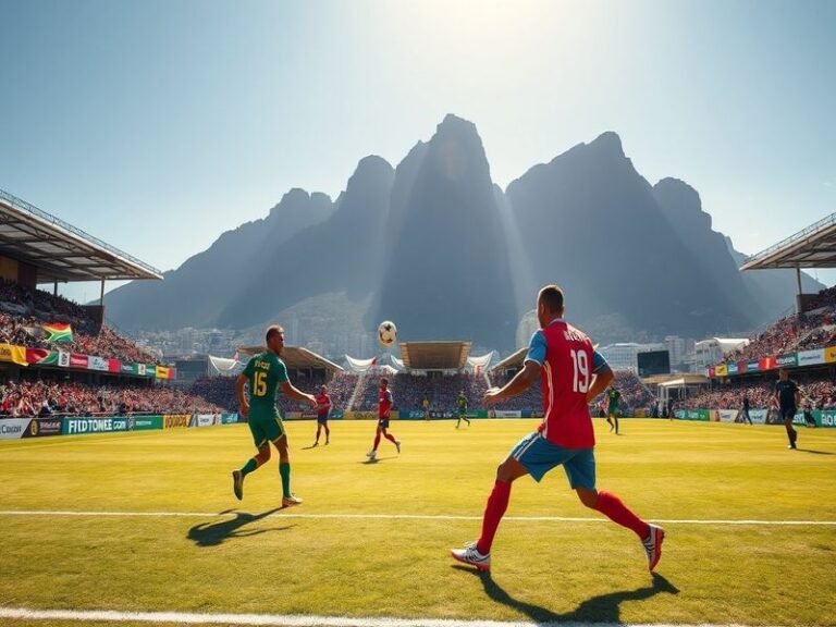 A vibrant football stadium filled with fans from South Africa and Panama, showcasing flags and team colors, creating an energ