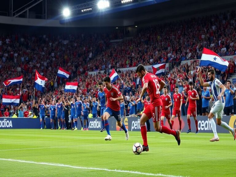 Action-packed scene from a soccer match between Jordan and Costa Rica, showcasing players in vibrant jerseys, intense express