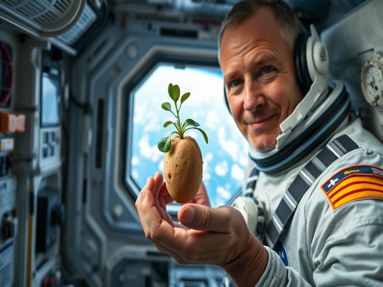 An astronaut in a space suit tending to a small potato plant in a futuristic growing chamber aboard the ISS, with Earth visib