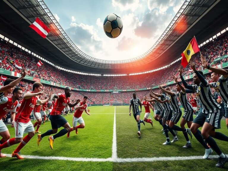 A vibrant stadium scene from the Austria vs. Ghana match at the 2022 FIFA World Cup in Qatar, showing players in mid-action,