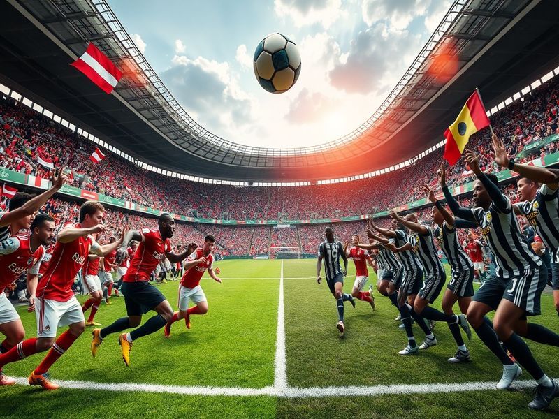 A vibrant stadium scene from the Austria vs. Ghana match at the 2022 FIFA World Cup in Qatar, showing players in mid-action,