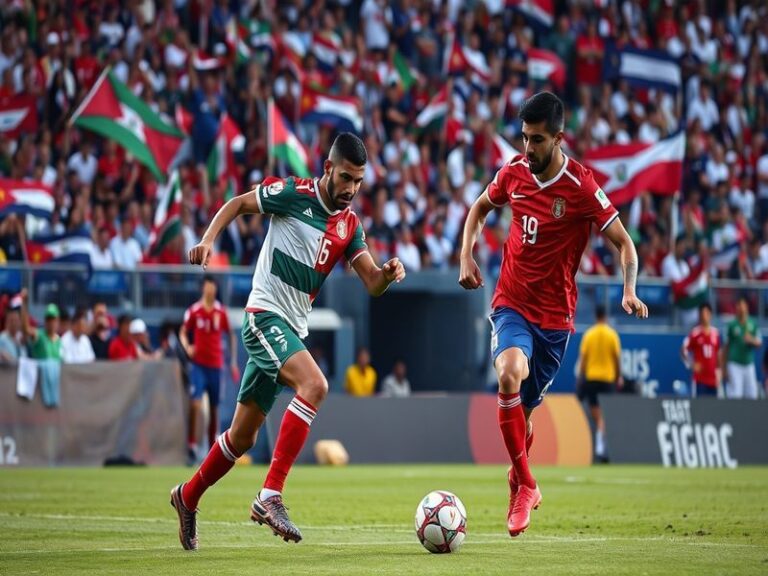 A vibrant soccer stadium filled with fans from both Jordan and Costa Rica, showcasing flags and team colors, capturing the ex