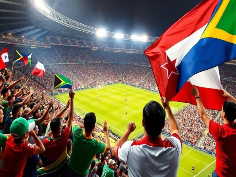 A mid-action shot of a South Africa vs Panama match, featuring players in motion with a packed stadium blurred in the backgro