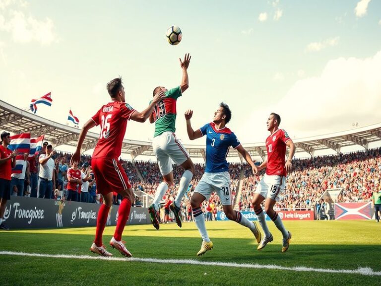A vibrant football stadium filled with enthusiastic fans from both Jordan and Costa Rica, showcasing flags, team colors, and