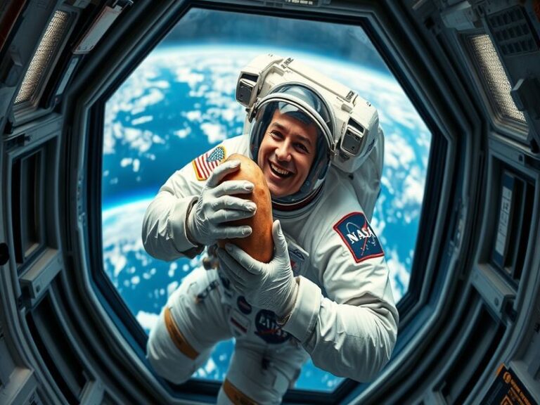 An astronaut tending to plants in a high-tech greenhouse aboard the International Space Station, with Earth visible in the ba