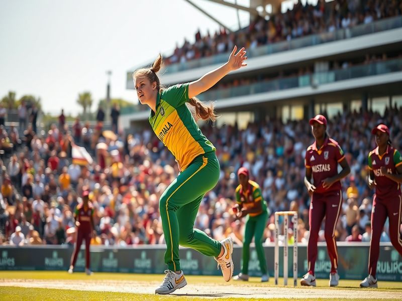 A dynamic cricket match scene featuring Australian and West Indian women cricketers in action, showcasing intense gameplay an