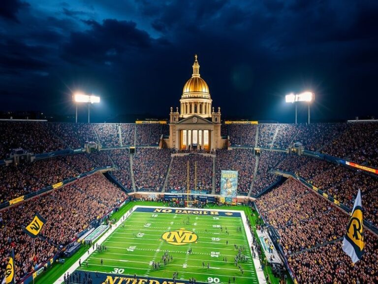 A split-screen image showing Notre Dame Stadium on the left, packed with fans under clear skies, and Vanderbilt’s stadium on