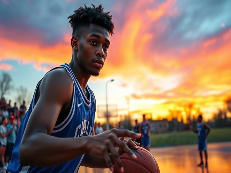 A dynamic action shot of Caleb Foster in a basketball game, showcasing his skills on the court, with fans in the background c