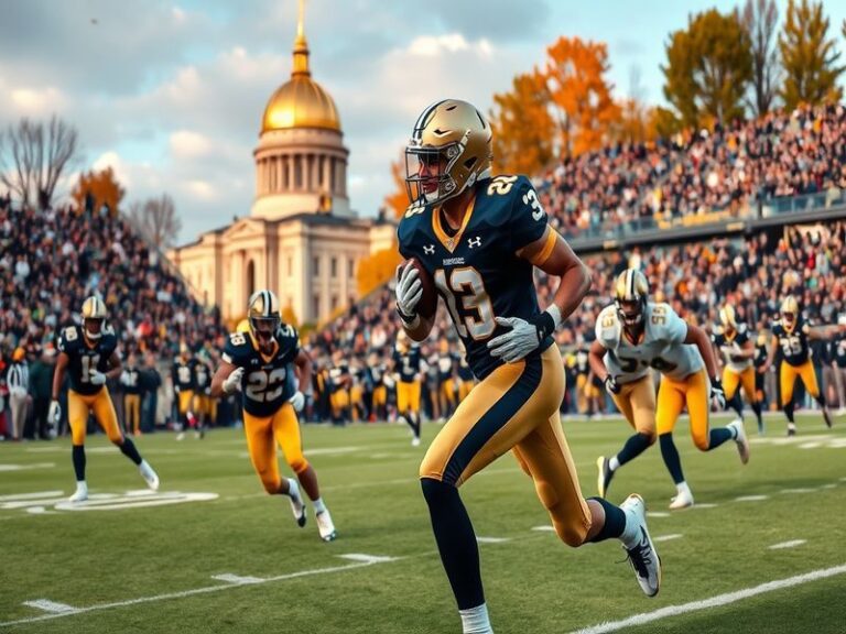 A split-image visual showing Notre Dame's iconic Touchdown Jesus mural on one side and Vanderbilt's historic campus arch on t