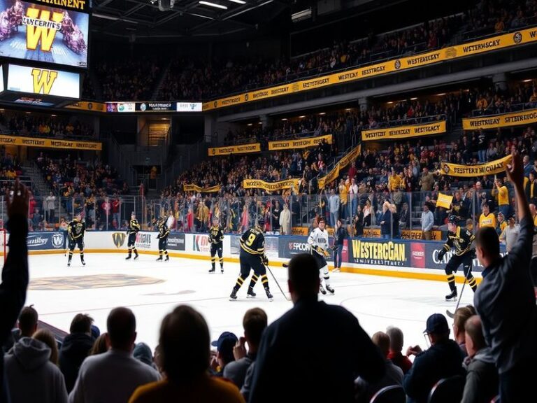 Action shot of Western Michigan hockey players during a game, showcasing intense competition and team spirit in a packed aren