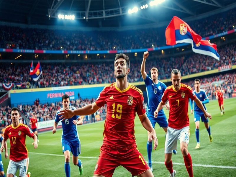 An action shot from the Spain vs Serbia basketball game, showcasing players in motion with a packed arena in the background,
