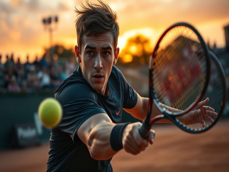 A young tennis player in action on the court, showcasing athleticism and focus, with a vibrant crowd in the background.