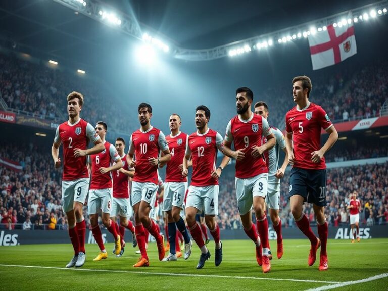 An England football kit displayed against a backdrop of a packed stadium, showcasing the vibrant colors and emblematic design