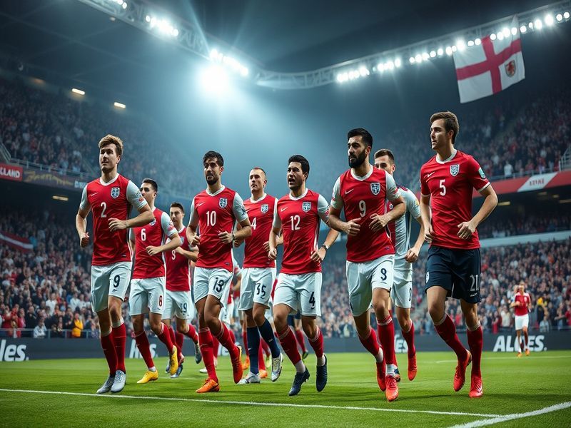 An England football kit displayed against a backdrop of a packed stadium, showcasing the vibrant colors and emblematic design