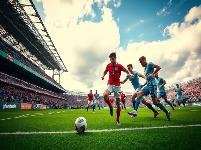 A vibrant football stadium filled with passionate fans, flags waving, and players warming up on the pitch, capturing the inte