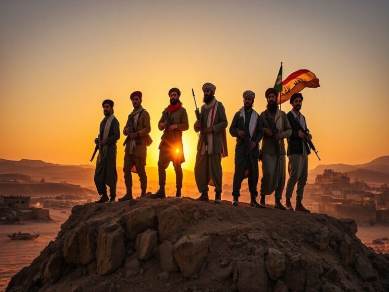 An image depicting the conflict in Yemen, showcasing Houthis in action, with a backdrop of war-torn buildings and civilians.