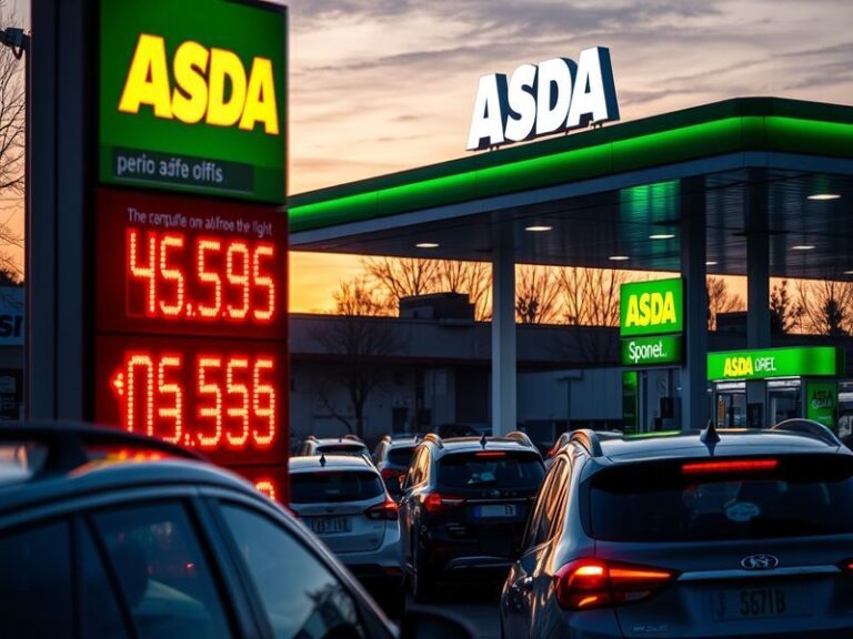 An image of an Asda petrol station, showcasing fuel pumps with prices displayed prominently, set against a clear blue sky.