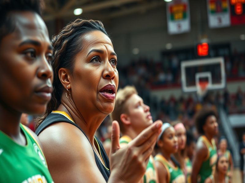 A dynamic image of Shea Ralph coaching on the court, engaged with players, showcasing her passion and leadership.
