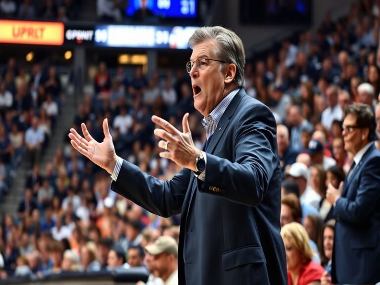 A dynamic image of Geno Auriemma coaching during a game, showcasing his intense focus and engagement with players on the side