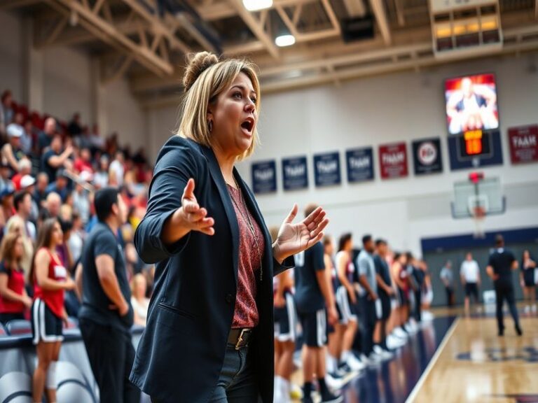A dynamic image of Shea Ralph coaching on the sidelines during a basketball game, showcasing her focus and determination, wit
