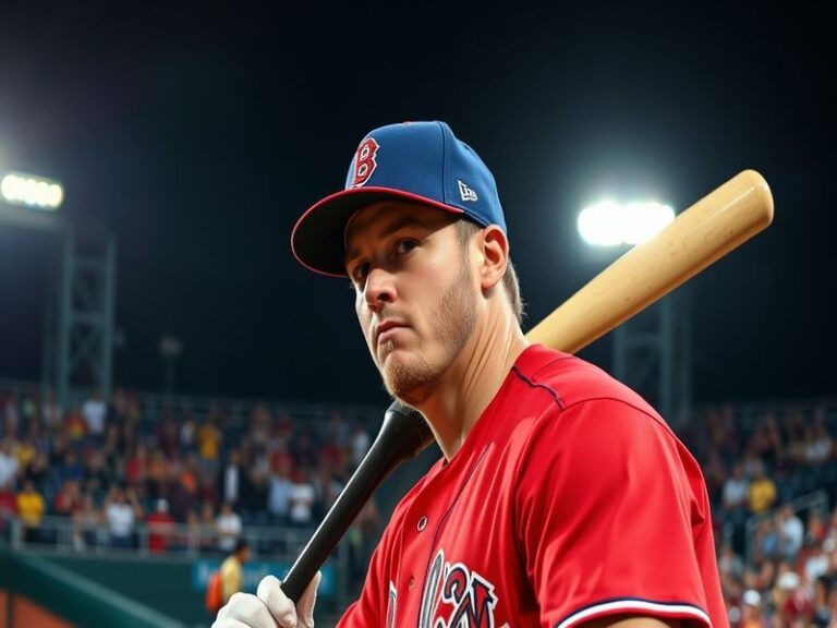 A dynamic action shot of Randal Grichuk swinging a bat, with a blurred background of a packed stadium, capturing the intensit