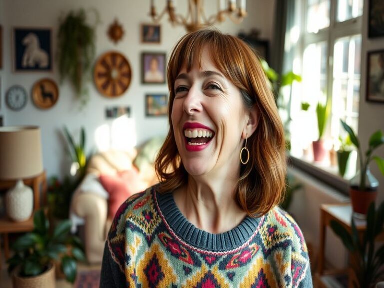 A vibrant portrait of Diane Morgan, showcasing her expressive smile and dynamic personality, set against a comedic backdrop.