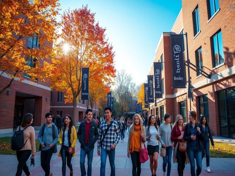 A modern campus scene at Bentley University featuring the Adamian Academic Center, students walking between classes, and a cl
