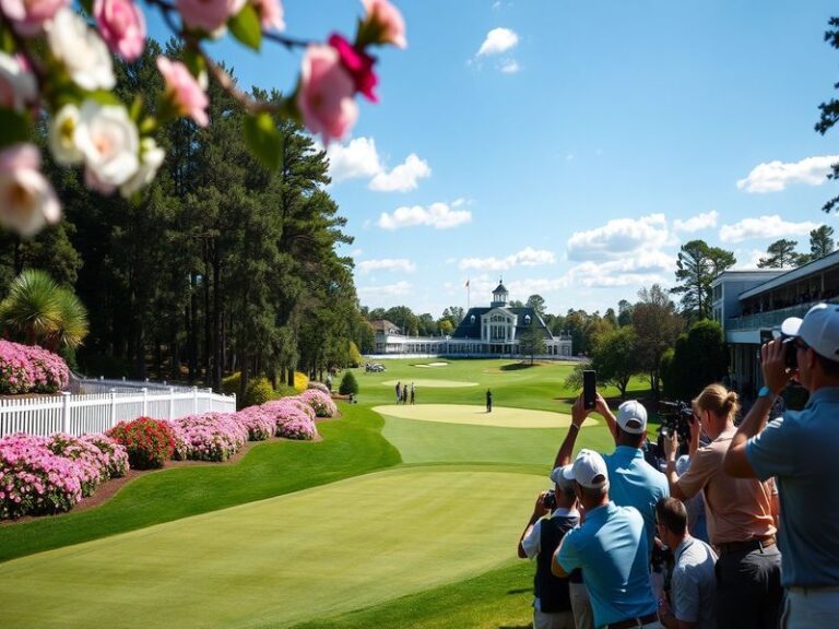 An image depicting the beautiful Augusta National Golf Club, showcasing its lush green fairways and iconic azaleas, capturing