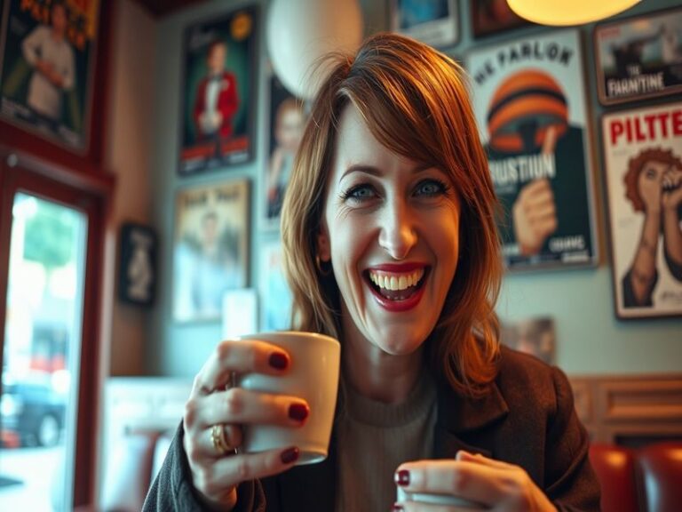 A vibrant image of Diane Morgan performing on stage, showcasing her engaging presence and expressive gestures, set against a