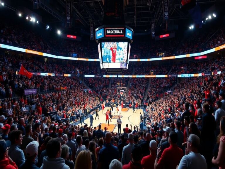 A dynamic basketball court scene with multiple players in action during a college game, showing intense competition under bri