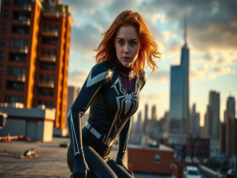 A dynamic image of Sadie Sink in a superhero costume, set against a vibrant city skyline, capturing the essence of action and