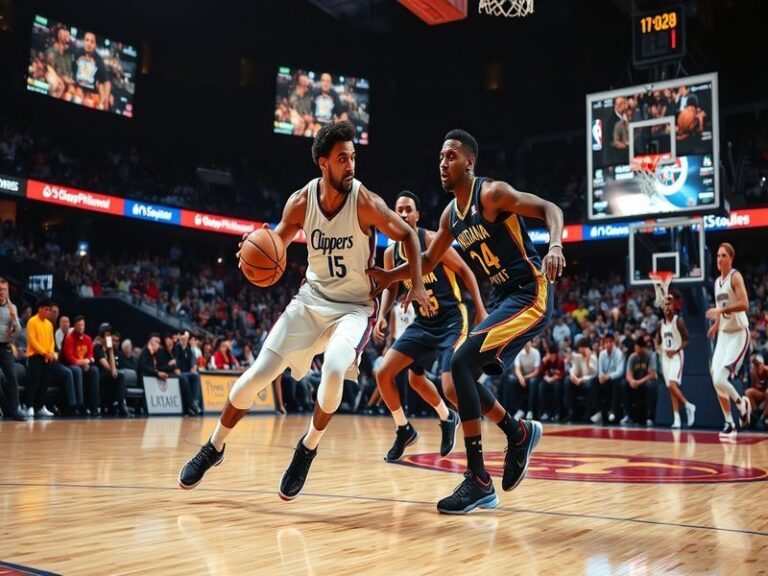 A split-screen image showing the Clippers' Kawhi Leonard driving to the basket against the Pacers' Tyrese Haliburton defendin