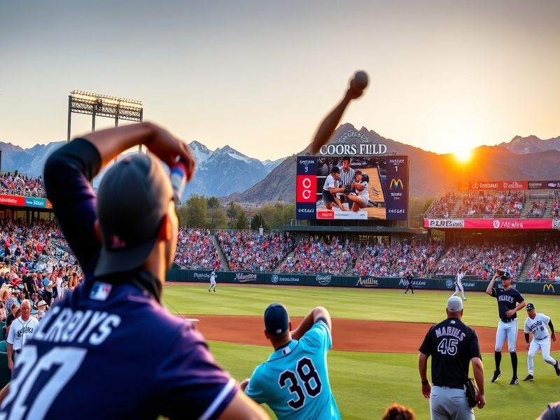 An action shot of a Rockies vs Marlins game, featuring players in dynamic poses, with a vibrant stadium backdrop.