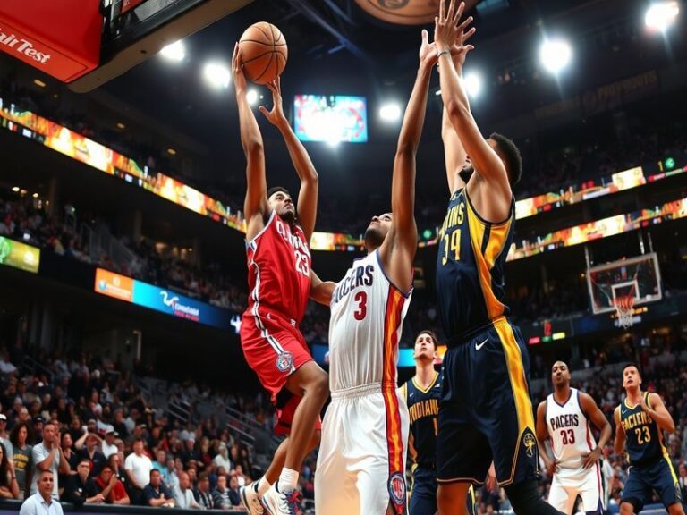 An action shot of Clippers and Pacers players competing on the basketball court, showcasing intensity and teamwork.