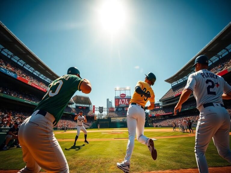 An action-packed baseball game scene showcasing players from the Athletics and Blue Jays in a competitive atmosphere, with fa