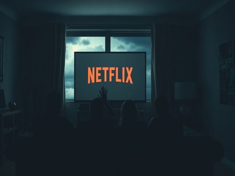 An image depicting a person watching Netflix on a couch, surrounded by various streaming devices, with a concerned expression