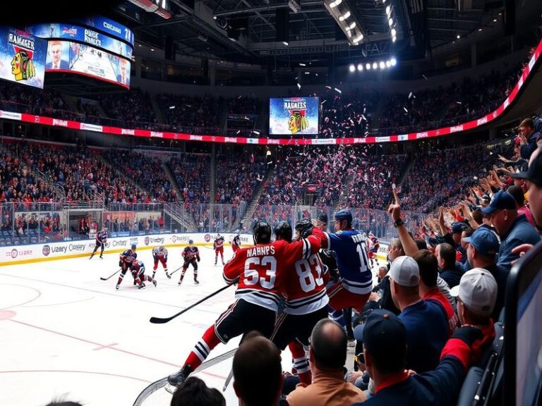 Action shot of a Chicago Blackhawks vs New York Rangers game, featuring players in dynamic poses, with fans cheering in the b