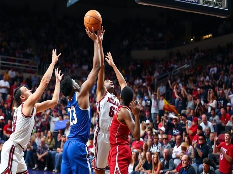 A dynamic image showcasing a packed college basketball arena with fans cheering, players in action, and vibrant team colors r