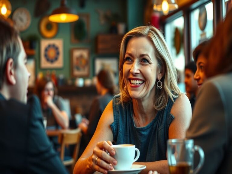 A vibrant promotional photo of Lisa Kudrow smiling in a casual yet stylish outfit, set against a warm, colorful background th