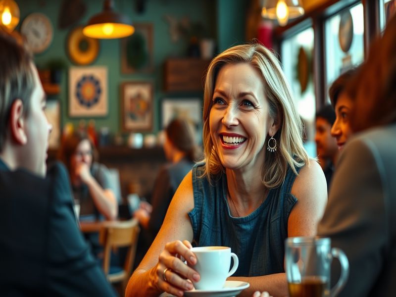 A vibrant promotional photo of Lisa Kudrow smiling in a casual yet stylish outfit, set against a warm, colorful background th