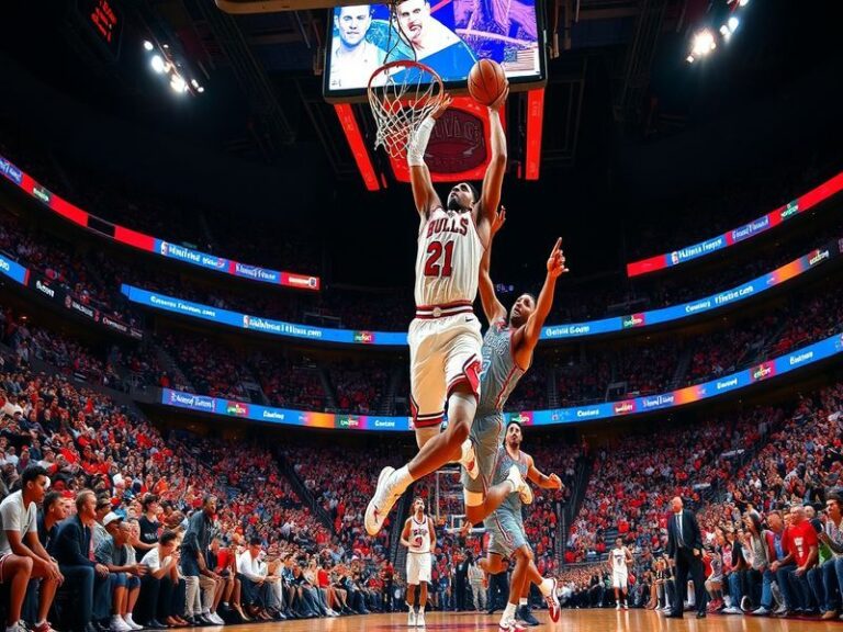 An action shot of a Bulls vs. Thunder game, focusing on players in motion, showcasing intensity and competitive spirit on the