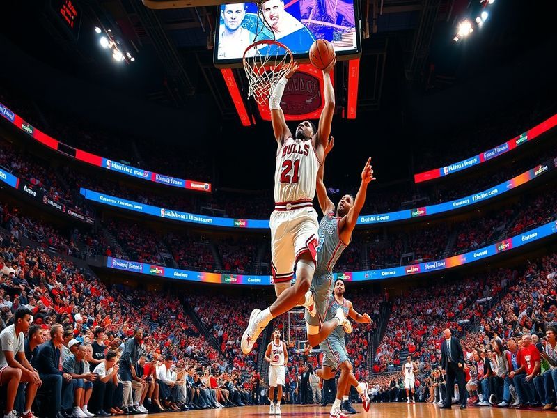 An action shot of a Bulls vs. Thunder game, focusing on players in motion, showcasing intensity and competitive spirit on the